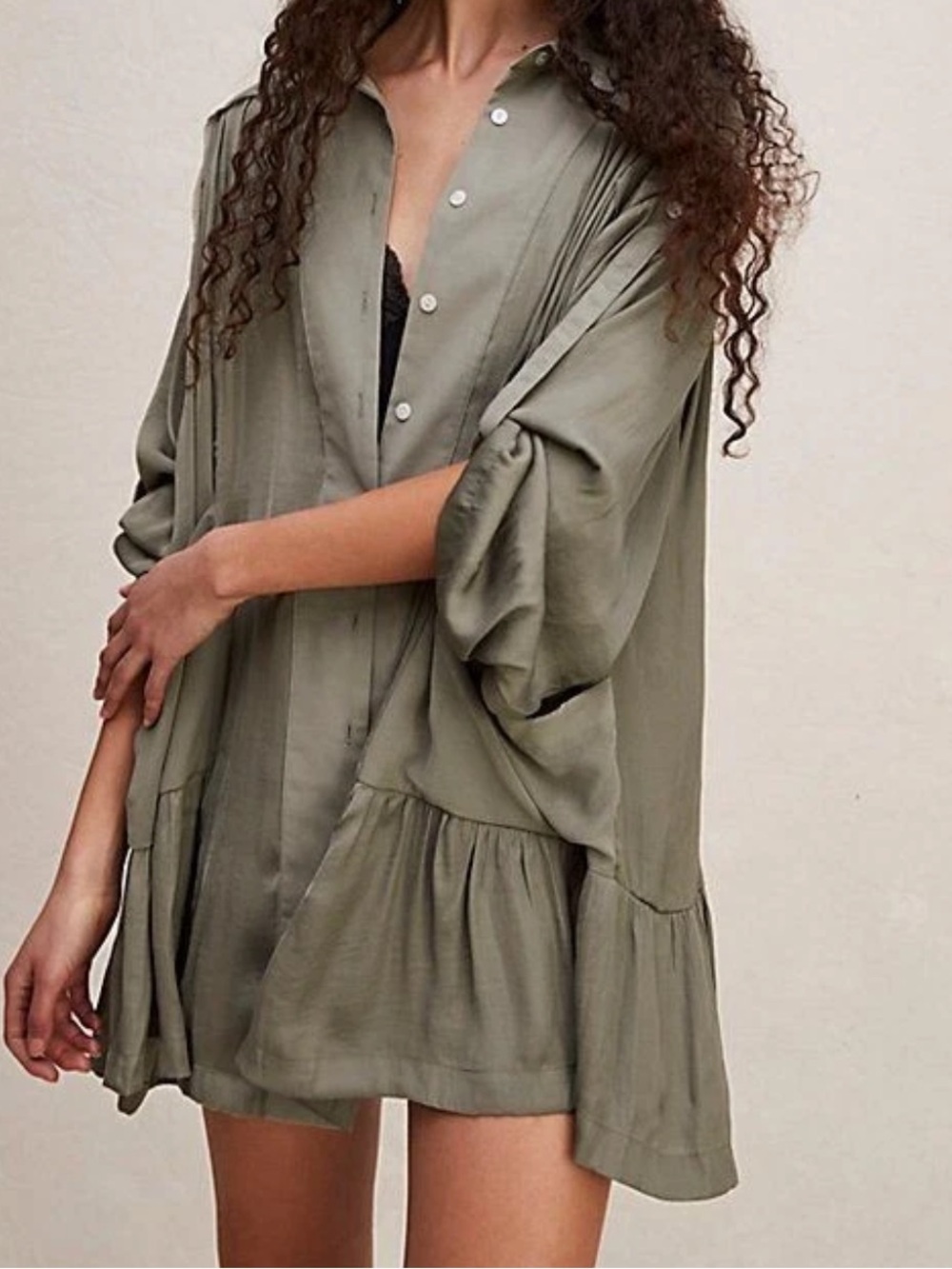 Free People Moonstruck Shirt Dress Size Large Olive Green Chiffon Pockets